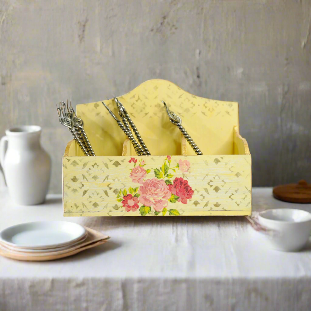 Golden Yellow Luxe Floral Cutlery Holder/ Organizer