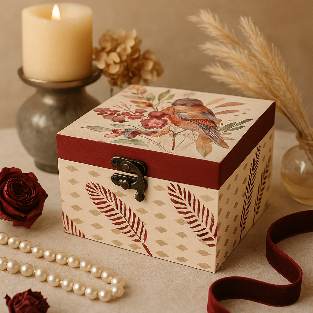 Crimson Leaf & Bird Jewelry Box