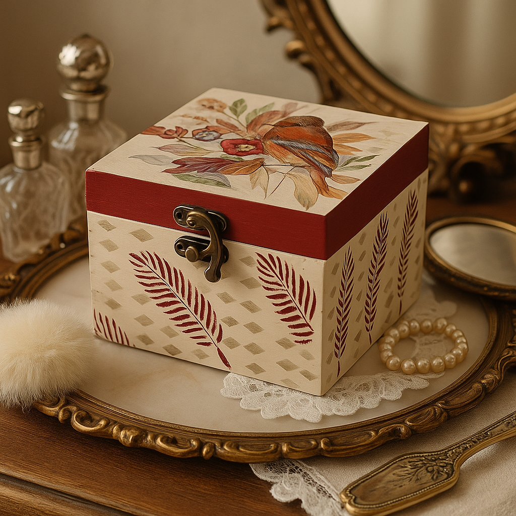 Decorative jewelry box with floral and feather design on a lace-trimmed surface.