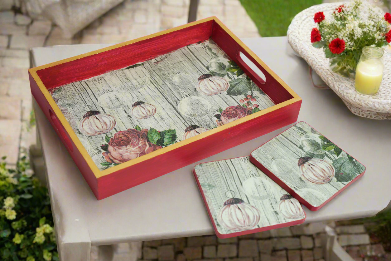 Cherry Luxe Set of 2 Trays with Matching Coasters
