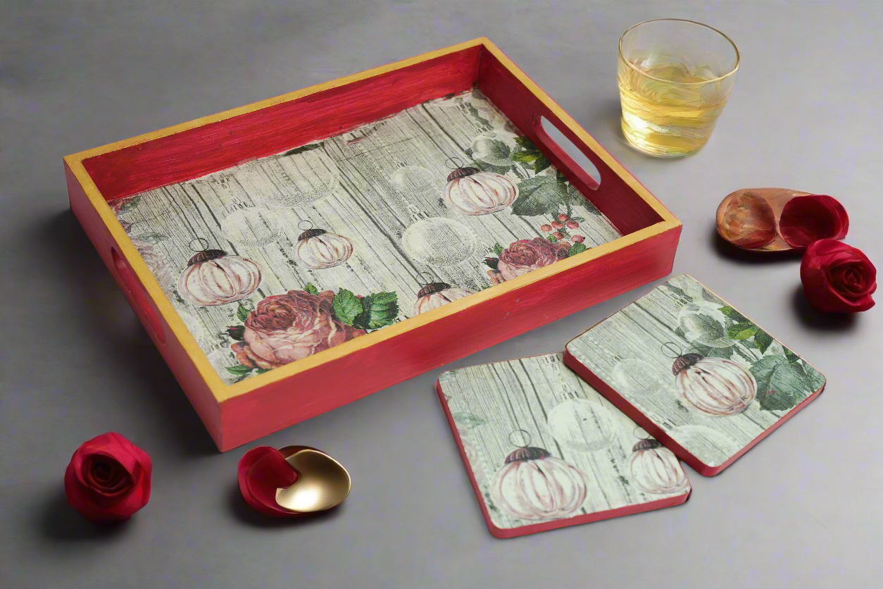 Cherry Luxe Set of 2 Trays with Matching Coasters