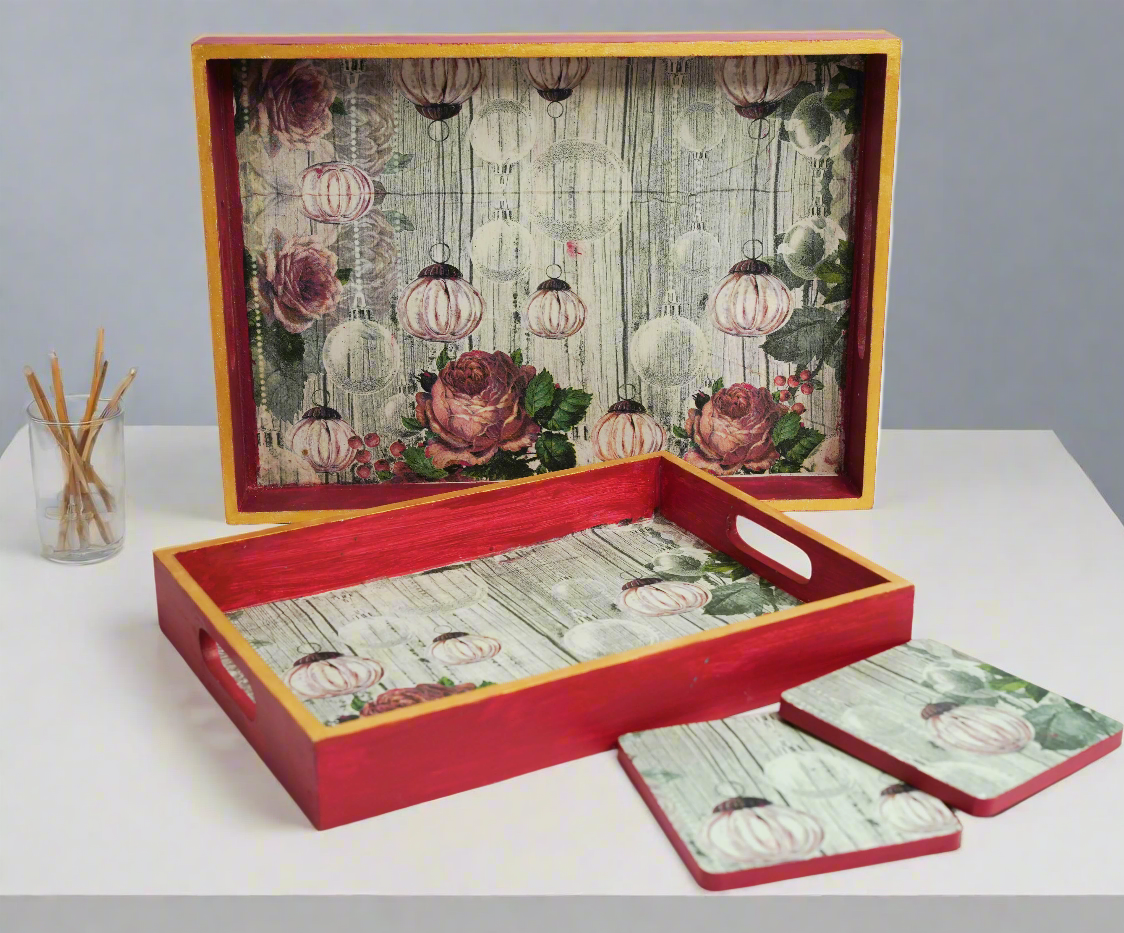 Cherry Luxe Set of 2 Trays with Matching Coasters