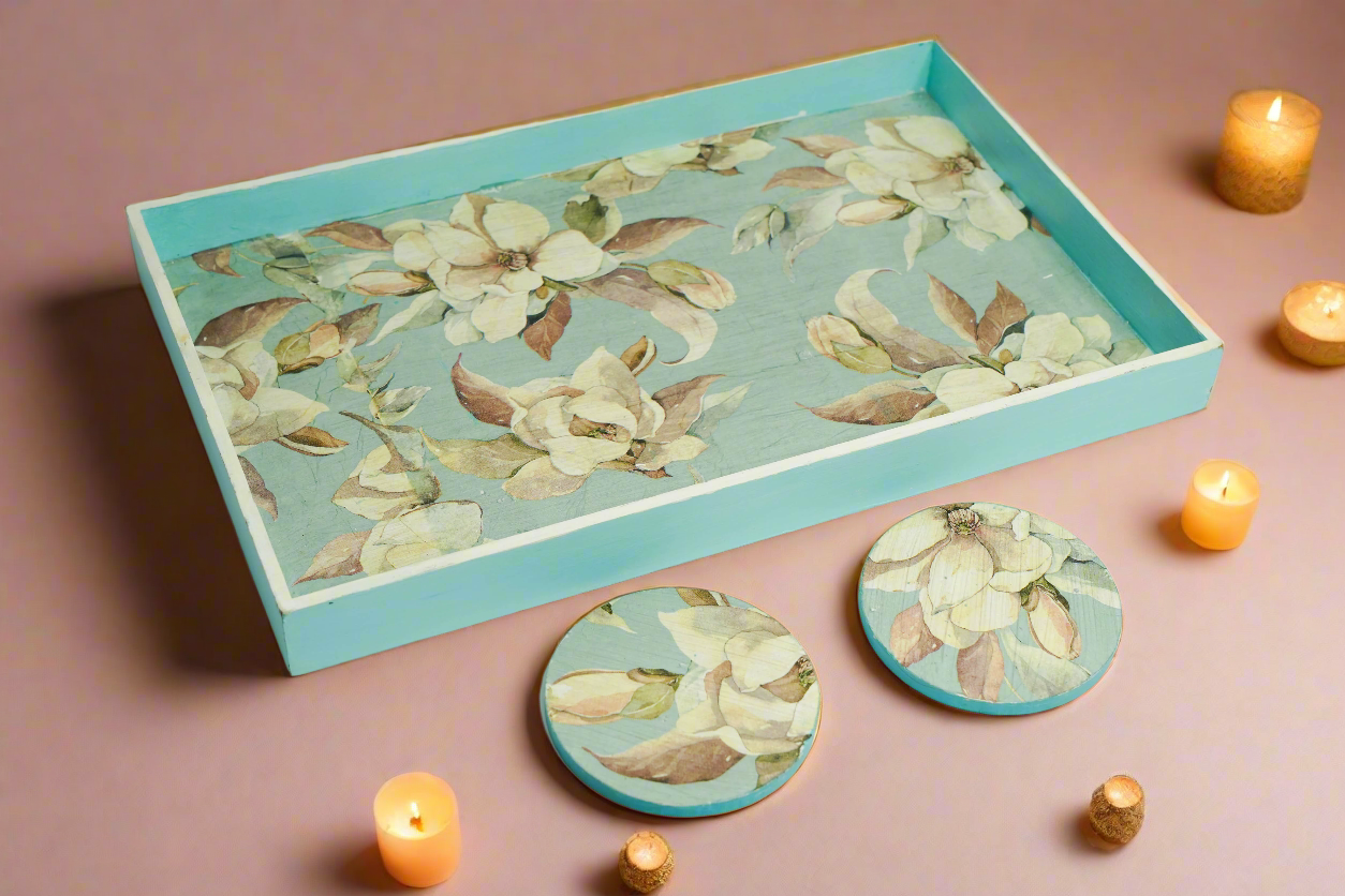 Ethereal Pale Blue Floral Large Tray with Matching Coasters