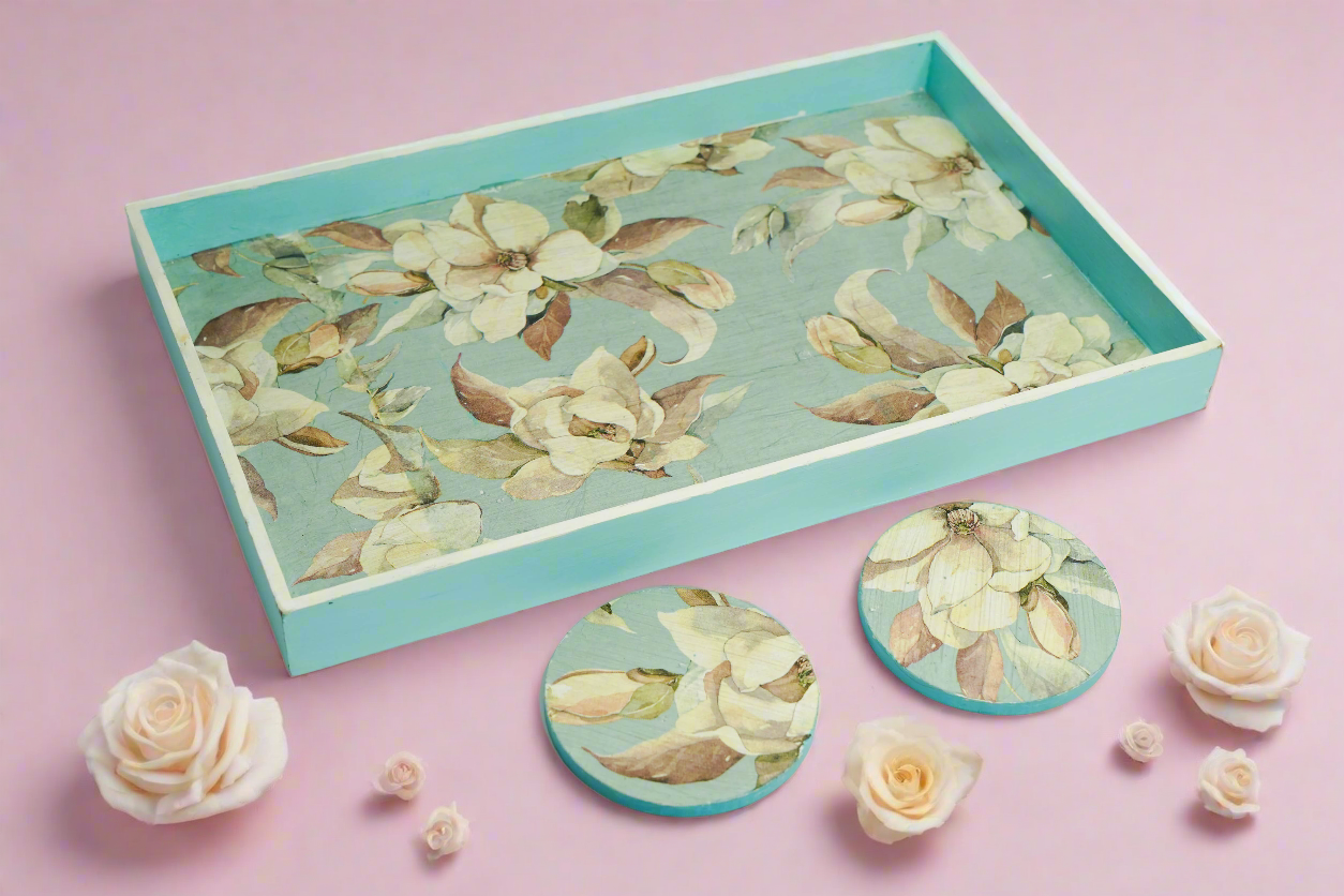 Ethereal Pale Blue Floral Large Tray with Matching Coasters