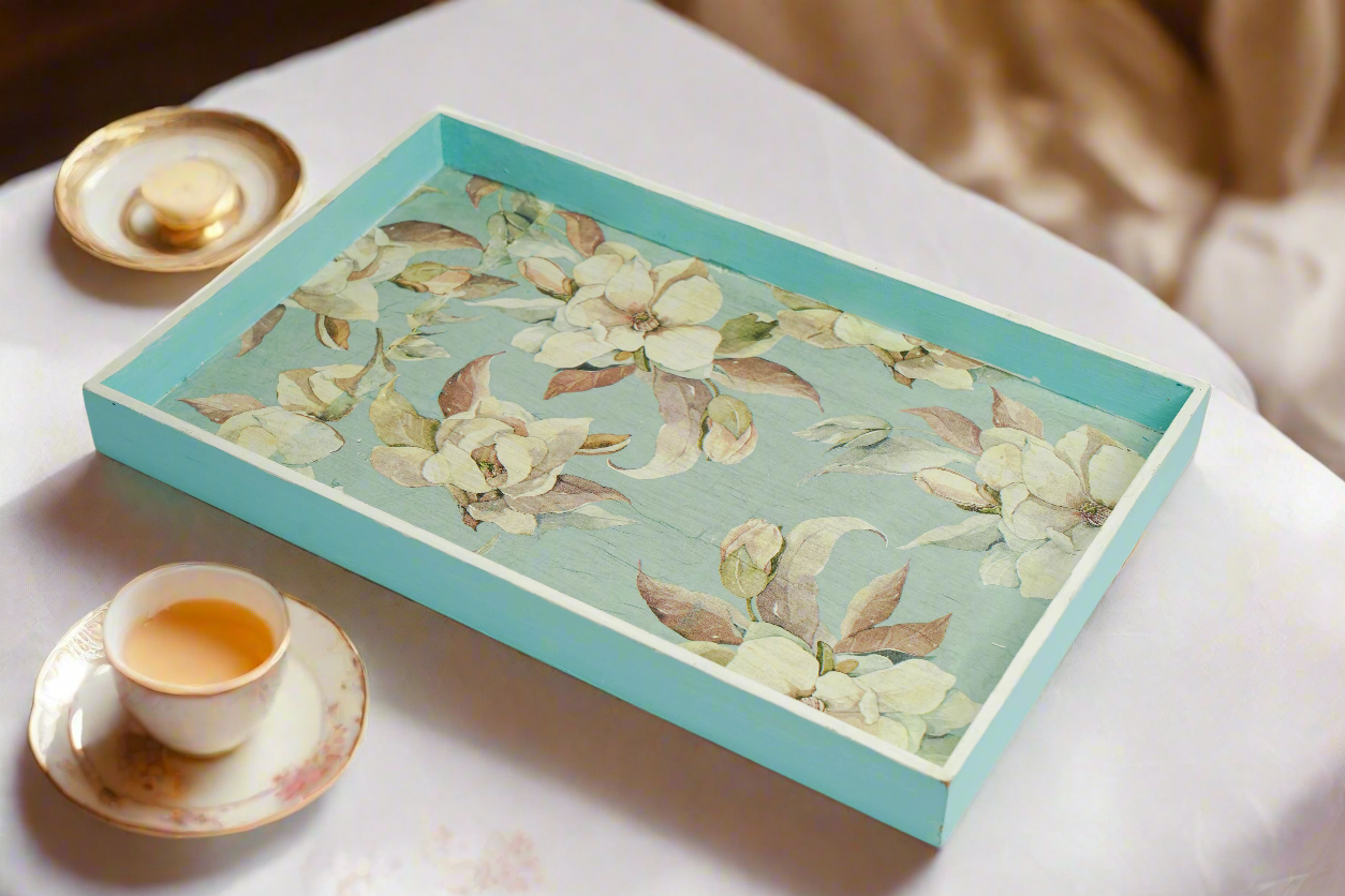 Ethereal Pale Blue Floral Large Tray with Matching Coasters