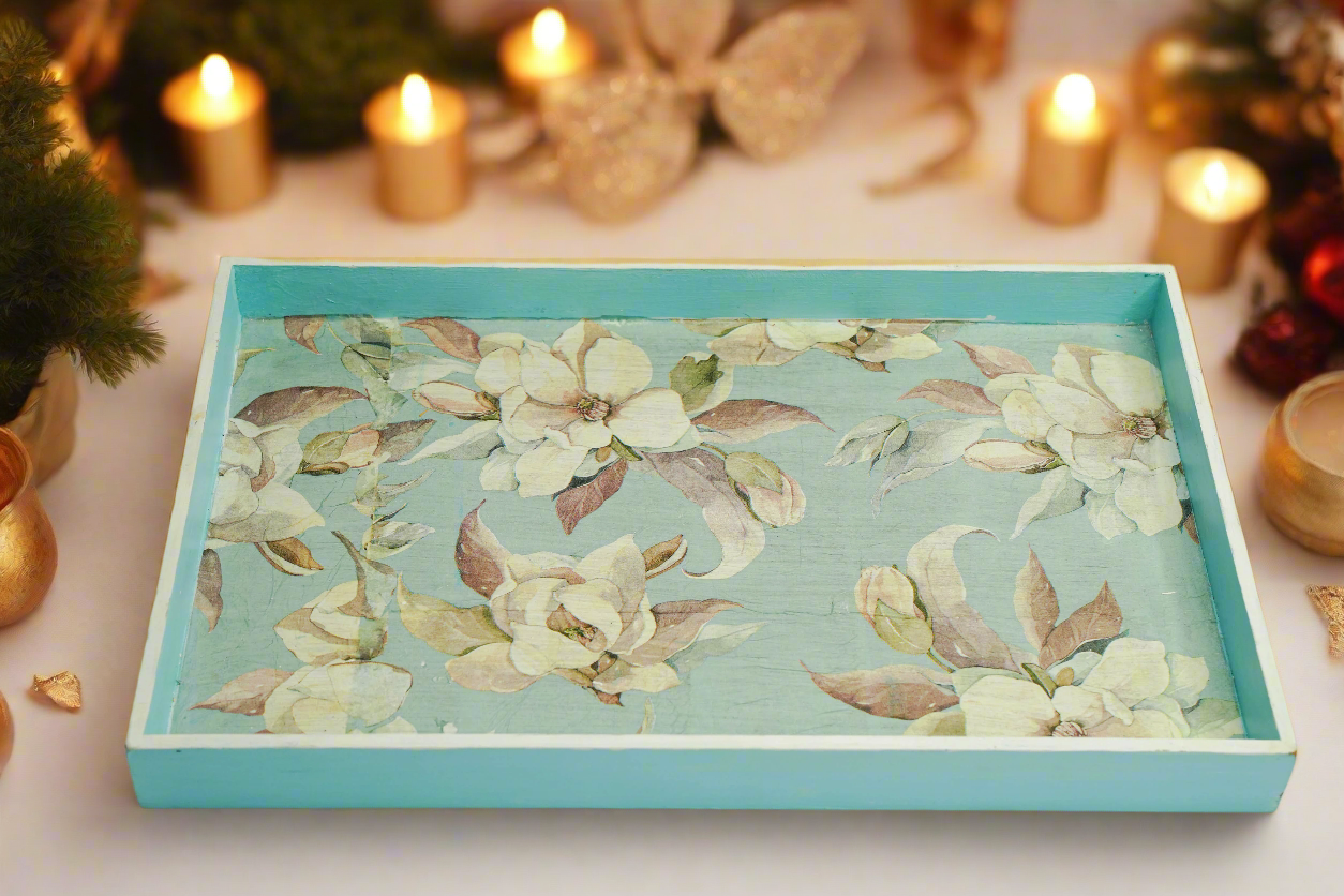 Ethereal Pale Blue Floral Large Tray with Matching Coasters