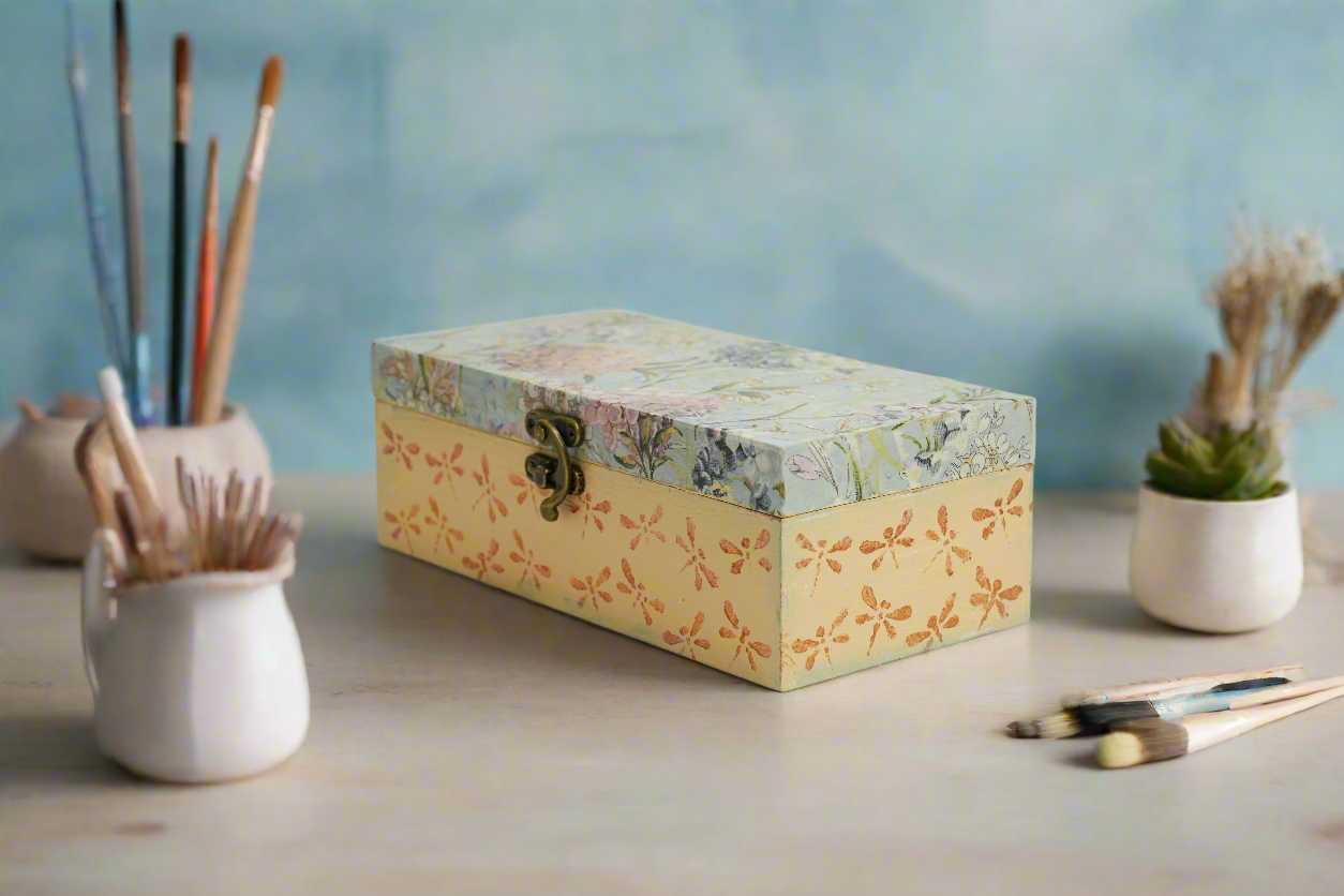 Serene Blue & Pale Yellow Floral Jewelry Box