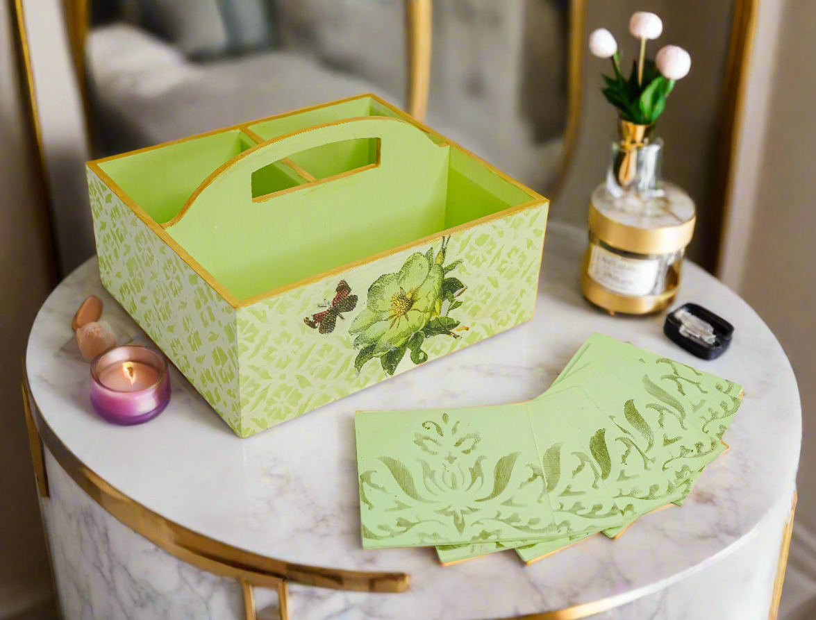 Tranquil Sea Green Luxe Floral Organizer/Cutlery Holder with Matching Coasters