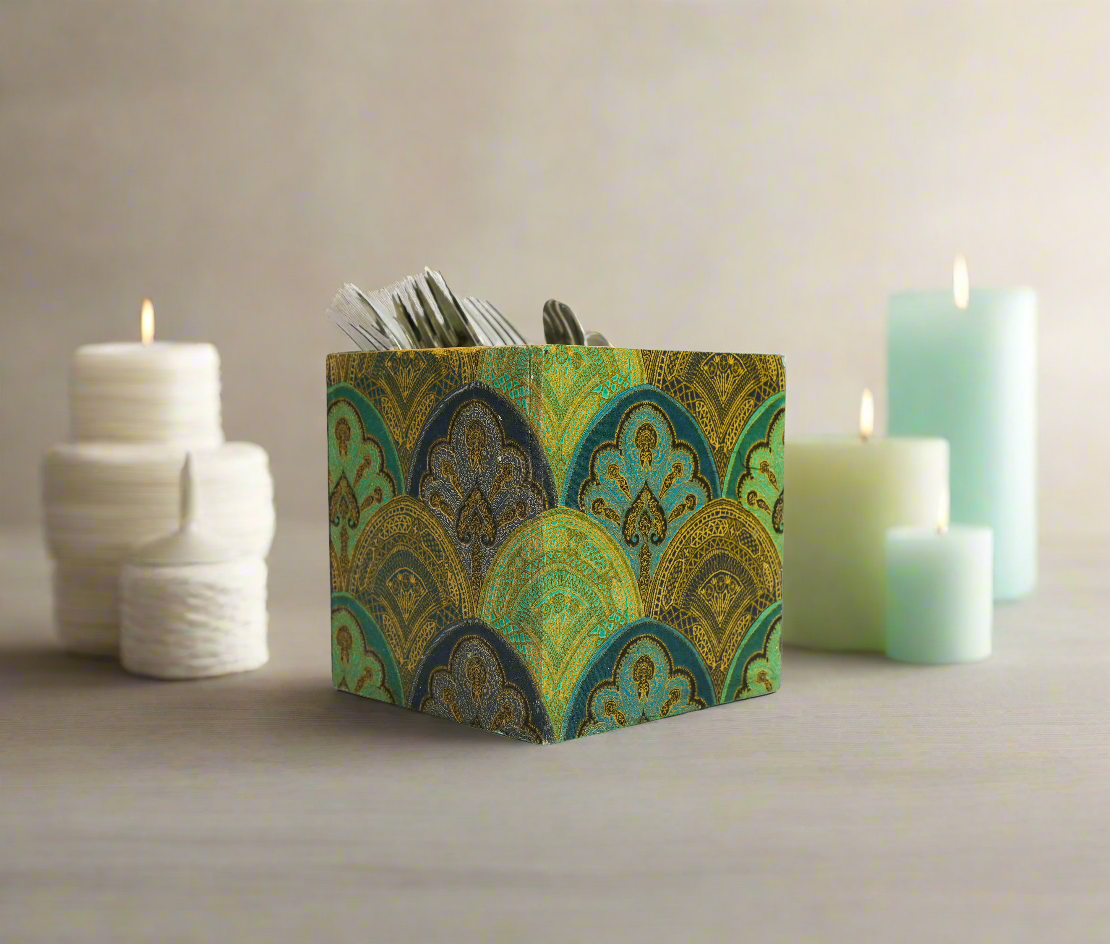 Serene Green & Blue Floral Cutlery Holder/ Organizer