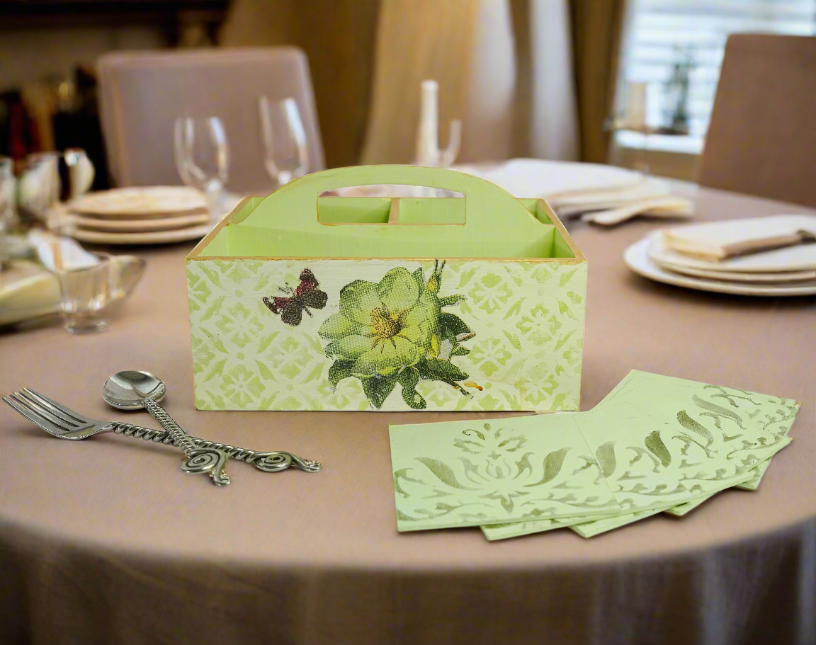 Tranquil Sea Green Luxe Floral Organizer/Cutlery Holder with Matching Coasters