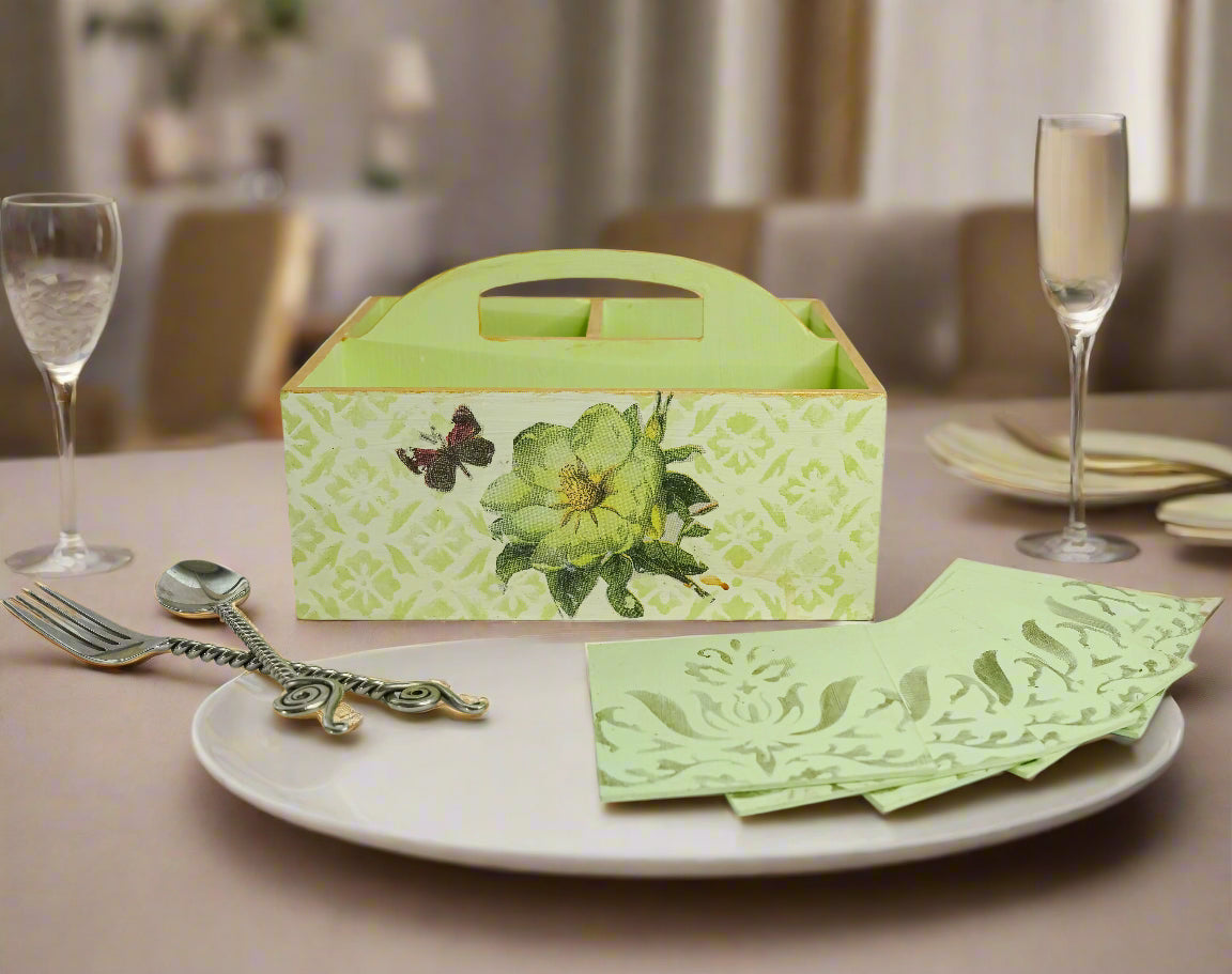 Tranquil Sea Green Luxe Floral Organizer/Cutlery Holder with Matching Coasters