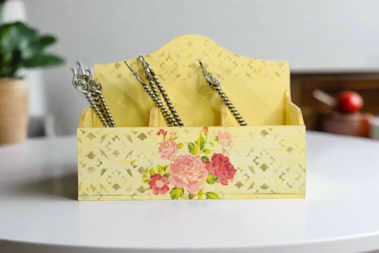 Golden Yellow Luxe Floral Cutlery Holder/ Organizer
