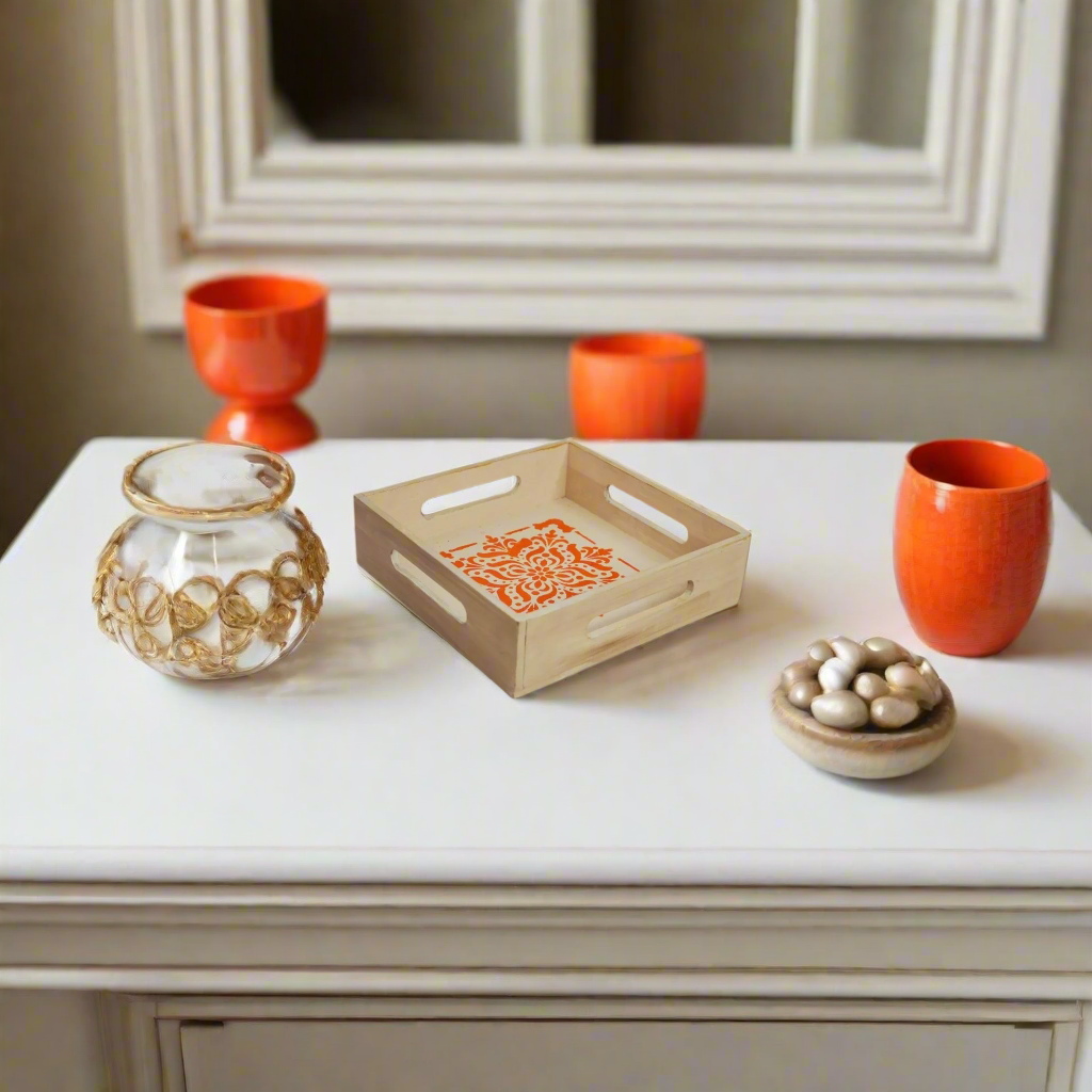 Elegant Beige  Tray with Orange Motif