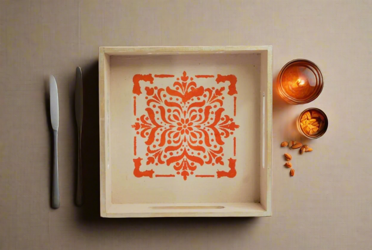 Elegant Beige  Tray with Orange Motif