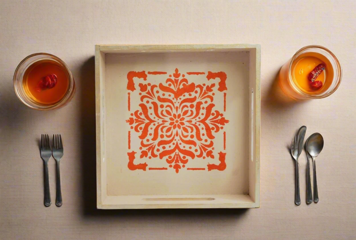 Elegant Beige  Tray with Orange Motif