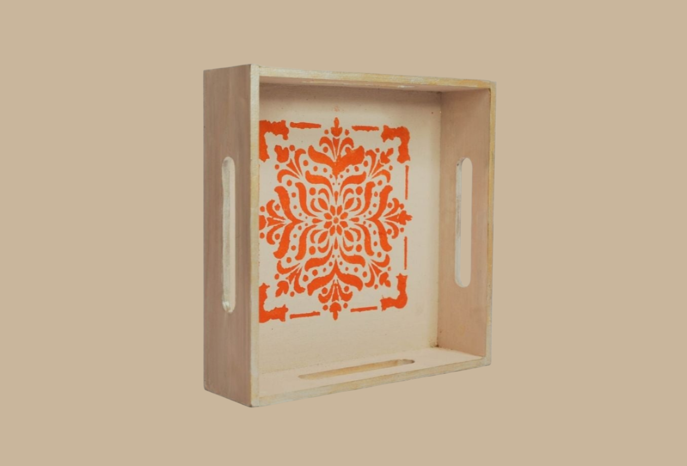 Elegant Beige  Tray with Orange Motif