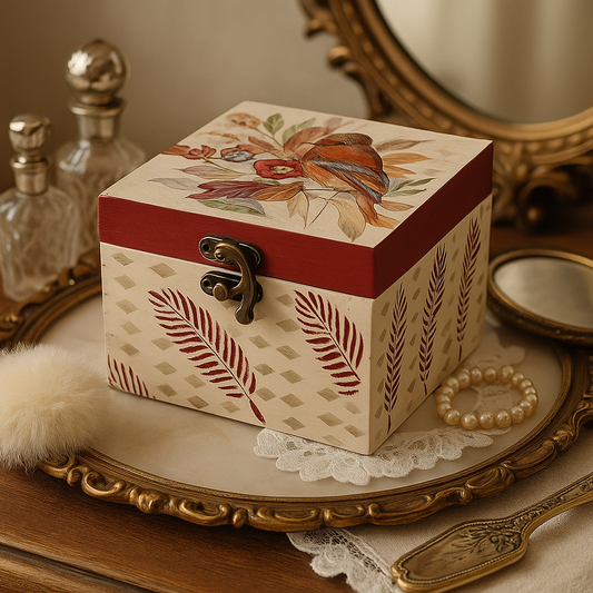 Decorative jewelry box with floral and feather design on a lace-trimmed surface.