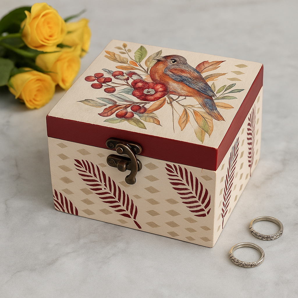 Crimson Leaf & Bird Jewelry Box