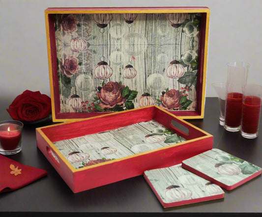 Cherry Luxe Set of 2 Trays with Matching Coasters