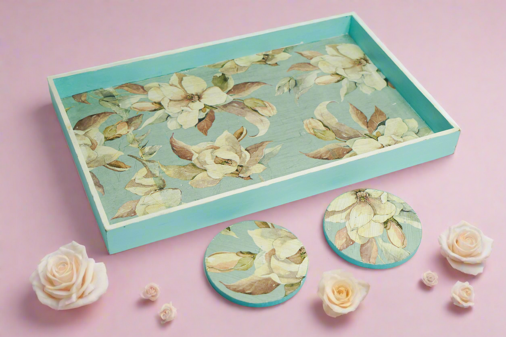 Ethereal Pale Blue Floral Large Tray with Matching Coasters