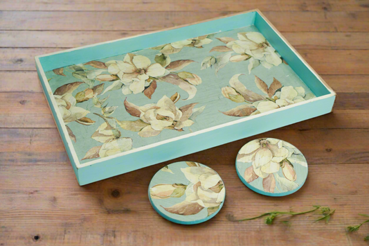 Ethereal Pale Blue Floral Large Tray with Matching Coasters