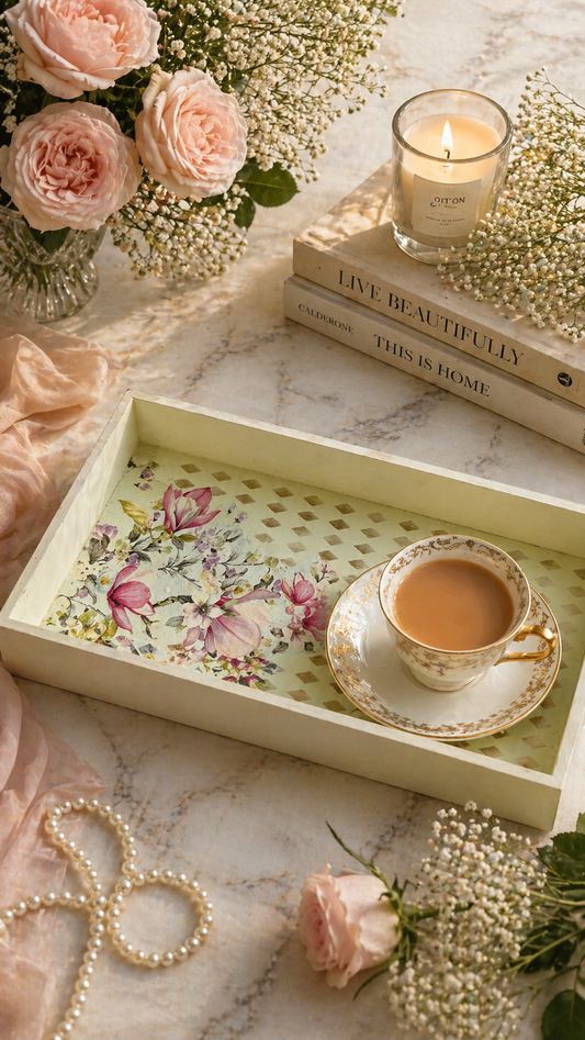 Pastel Lime Green Floral Tray