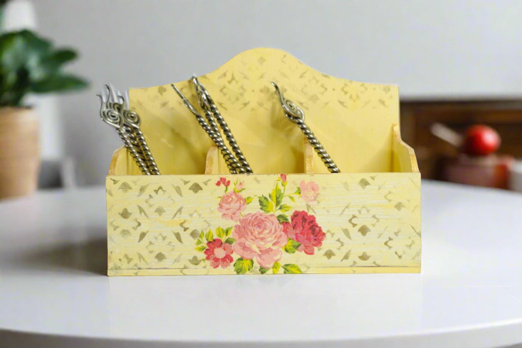 Golden Yellow Luxe Floral Cutlery Holder/ Organizer